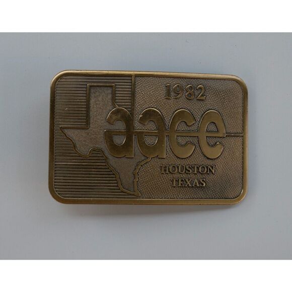 Vintage 1982 AACE Houston Texas Advertisement Brass Belt Buckle - Picture 1 of 4